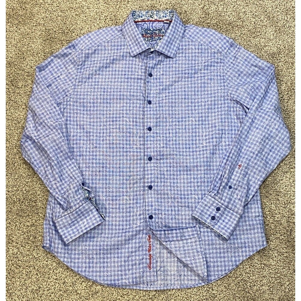 Robert Graham Classic Fit Blue Plaid Paisley Jacquard Flip Cuff Shirt Men’s XL